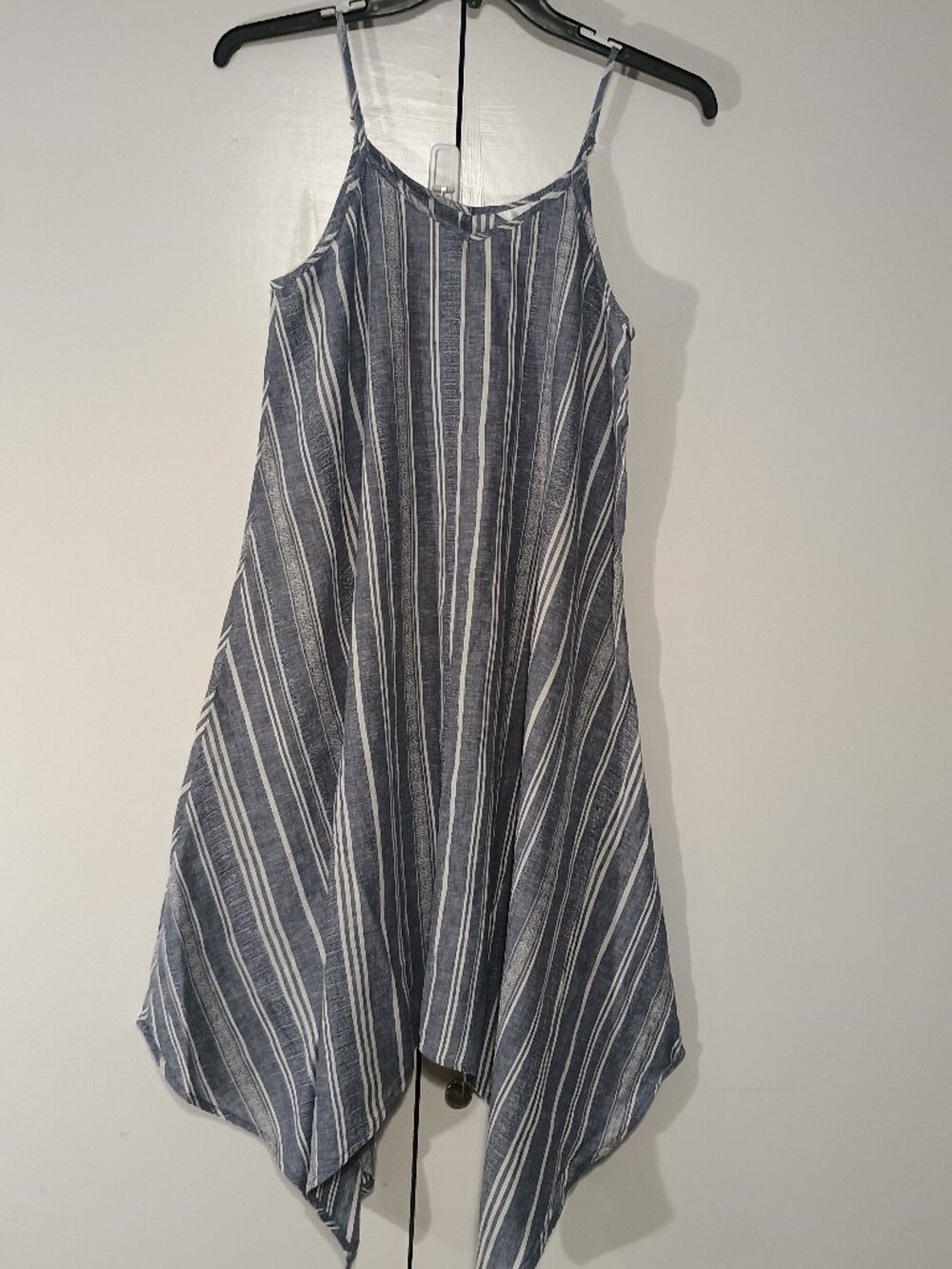 Time and Tru Blue White Striped Linen Blend Handkerchief Hem Swing Dress - Picture 2 of 7